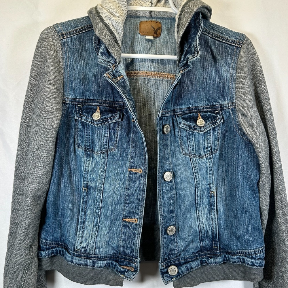 American Eagle Outfitters Blue Denim Jacket with Gray Hoodie Sleeves